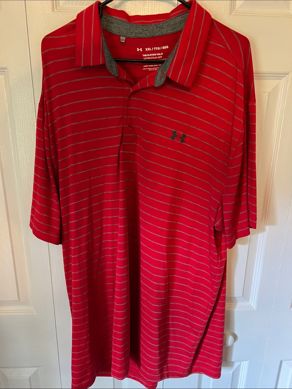 Under Armour Red Polo with Gray Stripe Detail